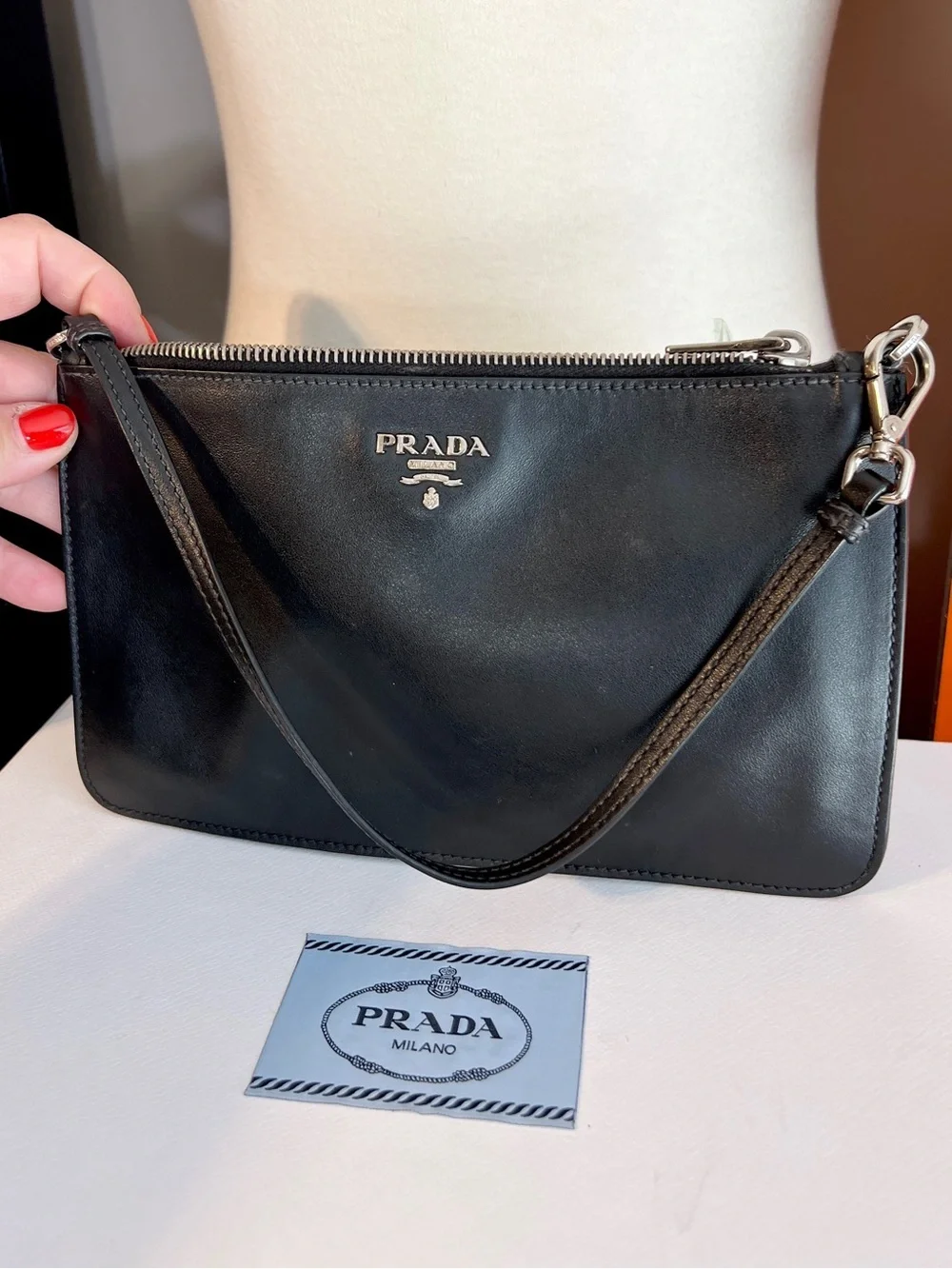 Prada Black & Silver Leather wristlet/pouch beige suede inside. 🌟Offers welcome!